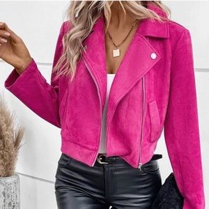 Luxe Hot Pink Zipper Vegan Suede Moto Biker Jacket
